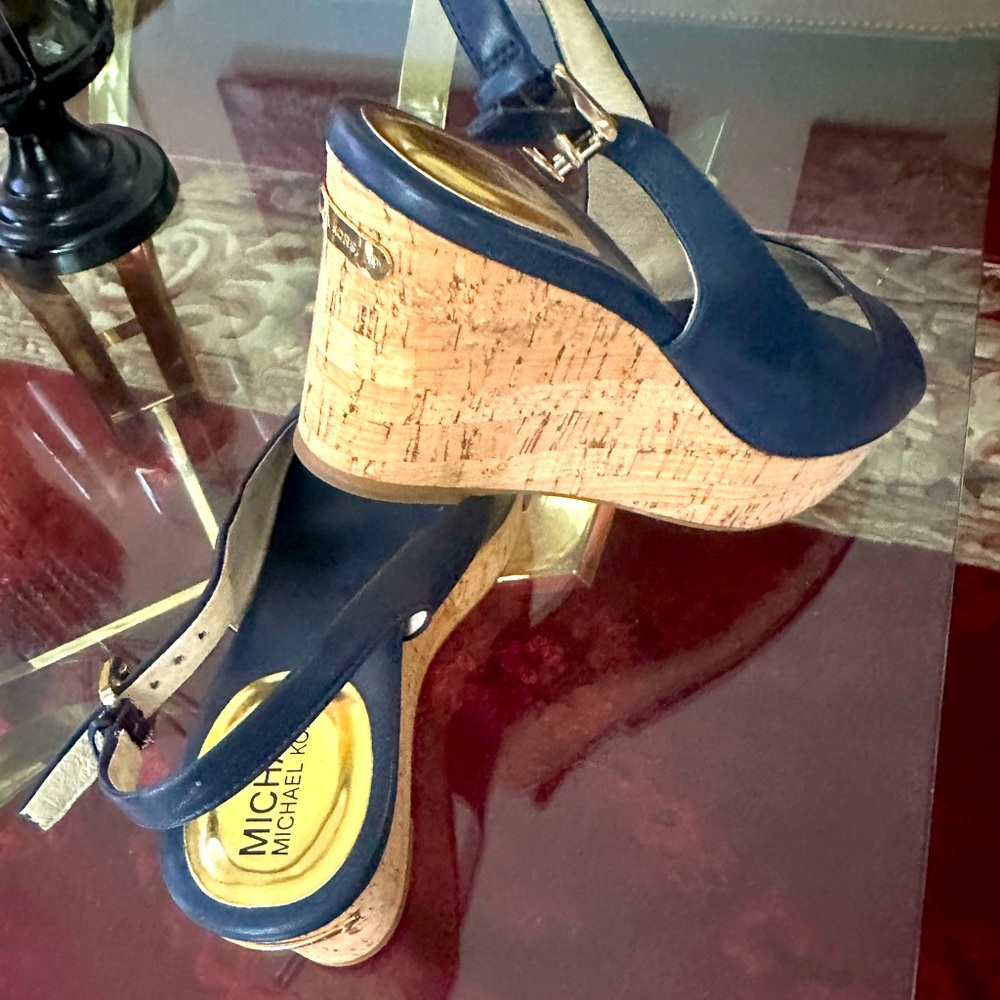 Michael Kors Sandals  ,Blue navy ,Genuine Leather ,Cork Wedge 3,5 “ Size 9 M